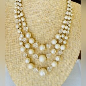 VTG Japan Faux Pearls and Crystal Glass Beads 3 Strand Necklace 16”